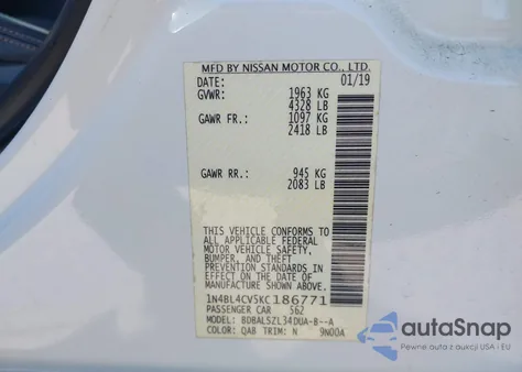 2019 Nissan Altima 2.5 Sr z USA, uszkodzony, nr VIN 1N4BL4CV5KC186771